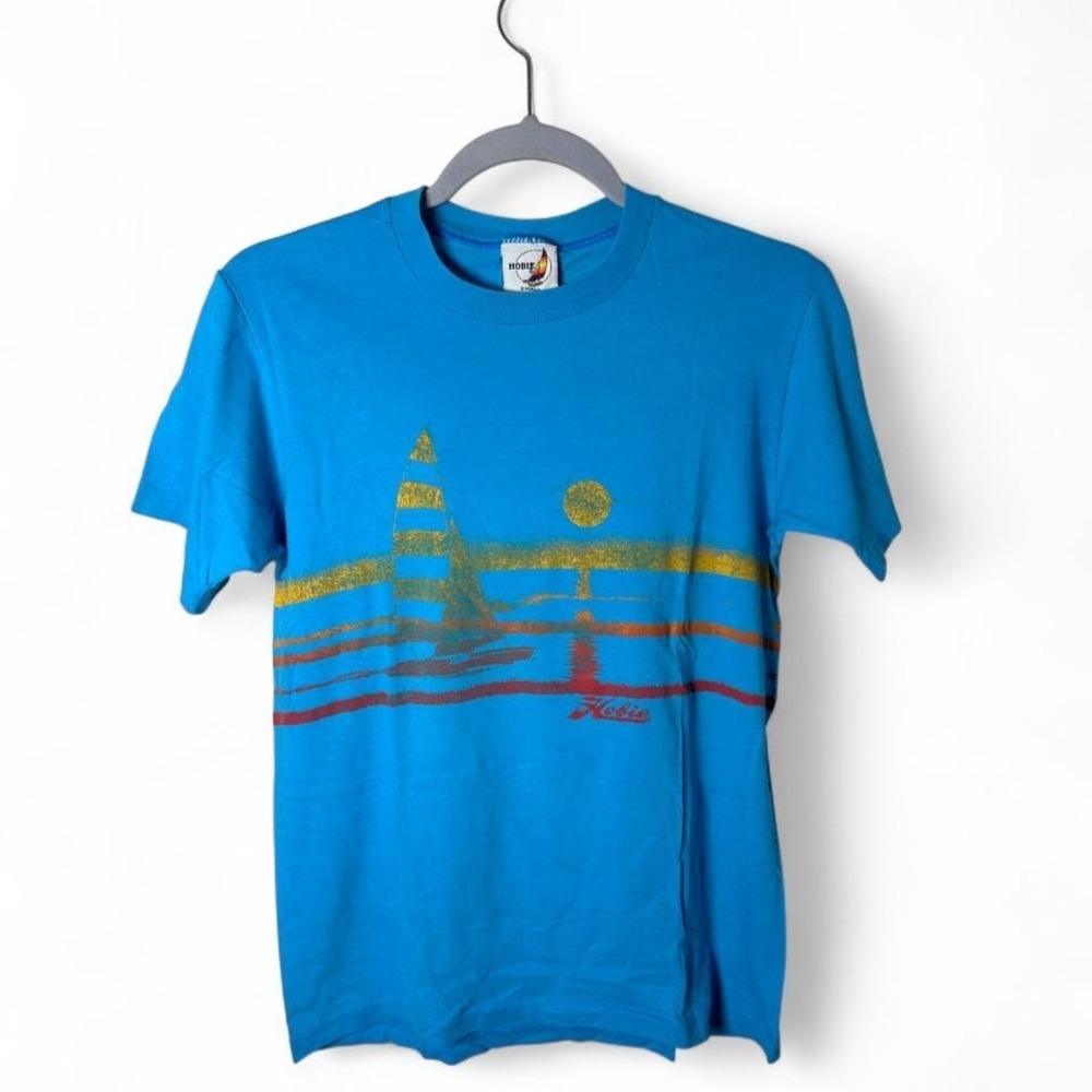Vintage 90s Hobie Sailboat Surf Y2K T Shirt Made USA Blue Graphic Tee Size S